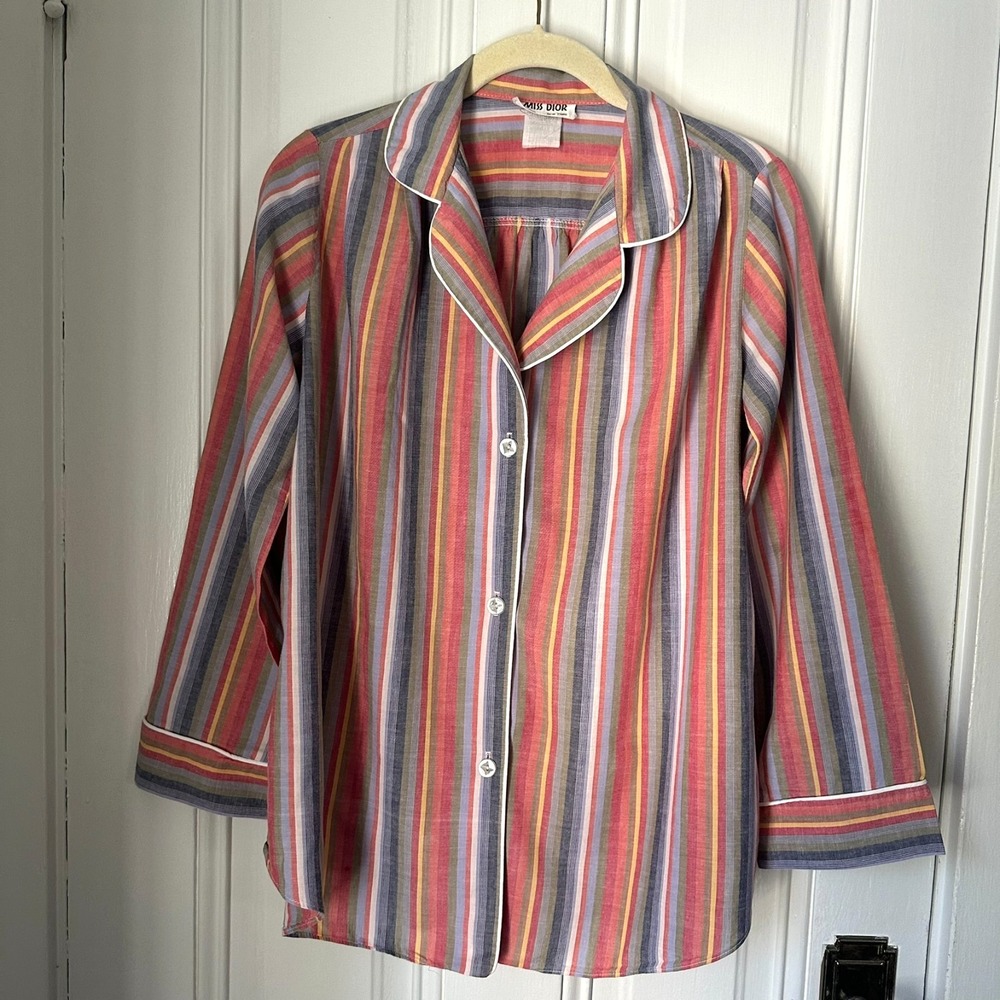 Vintage Miss Dior Striped Pajama Top Union Label 70s 80s Loungewear Blouse